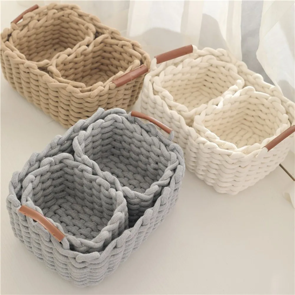 

Hand-woven Storage Basket Home Sundries Woven Basket Cotton Rope Cosmetic Organizer Book Toy Desktop Storages Home Bedroom Decor