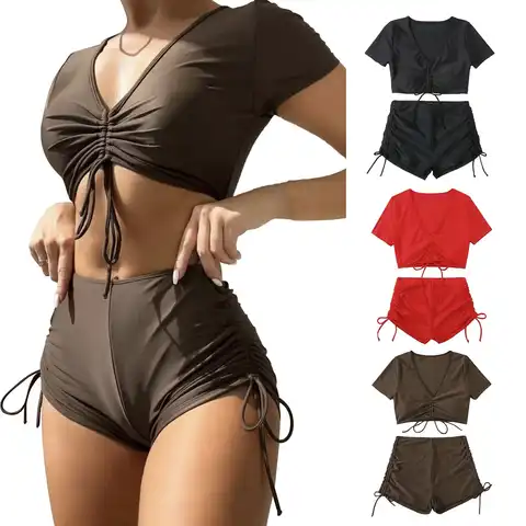 Bikinis Sets Swimwear 2023 Women High Waisted Bikini Knot Scoop Neck Swimsuit Two Pieces Lace Up Bathing Suit купальник женский