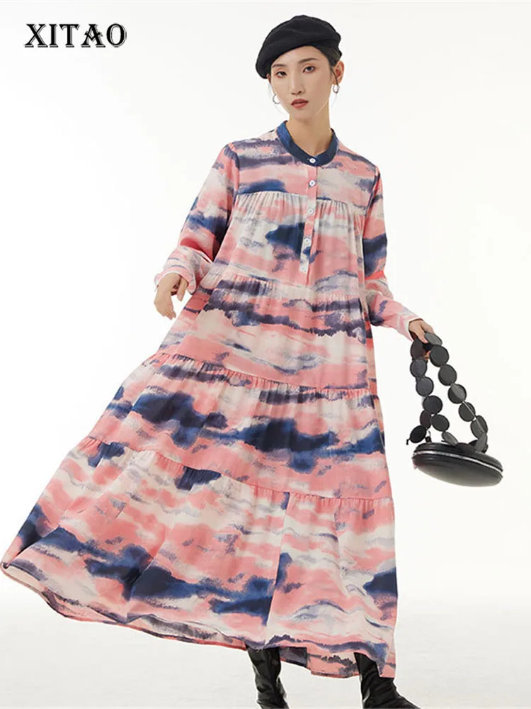 

XITAO Women Fashion Dress Print Pattern Small Fresh Pleated Goddess Fan 2022 Autumn Minority Pullover Elegant Dress WLD9049
