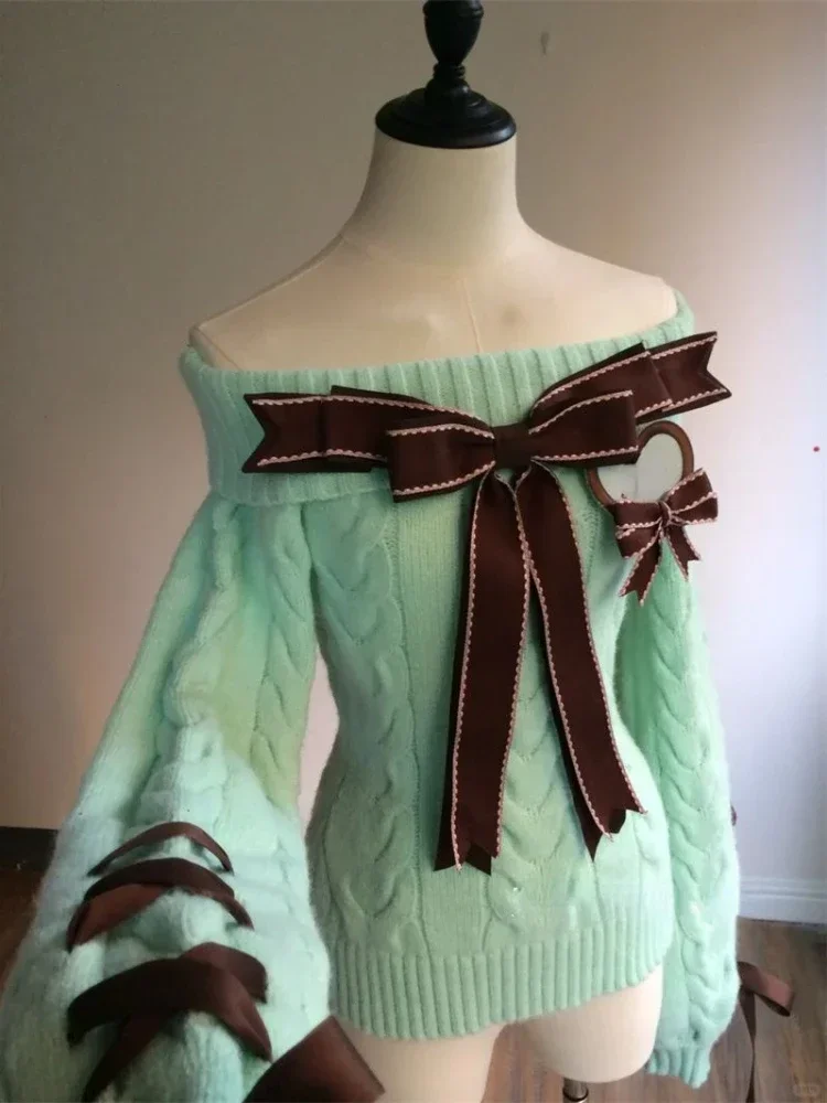 Осень-зима сладкий сексуальный вязаный свитер с открытыми плечами Y2k облегающие