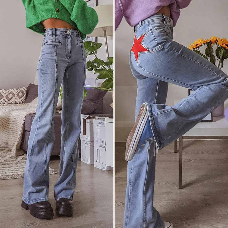 

Waatfaak Blue Denim Skinny Jeans Woman High Waist Pocket Star Patchwork Jeans Vintage 90S Aesthetic Cargo Pants Straigh Leg