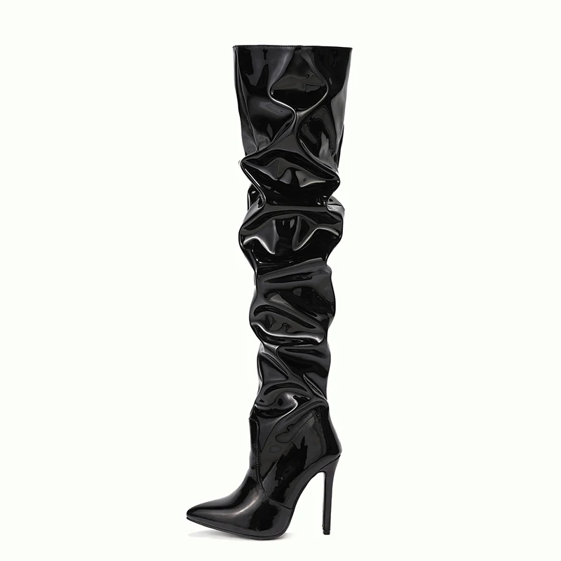 Pleat through knee-high boots fashion pointed zipper female lattice-windows paint scooter with party with pleated design for wom