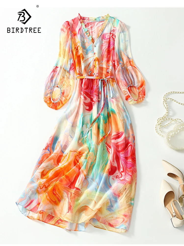 Birdtree 100%Real Silk Elegant Dresses For Women 2023 Spring Summer V-neck Three Quarter Sleeve Print A-line Dress New D37447QC