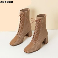 zoxoco 2022 autumn winter new fashion stitching knitted elastic stockings boots high heeled short boots womens square toe 39