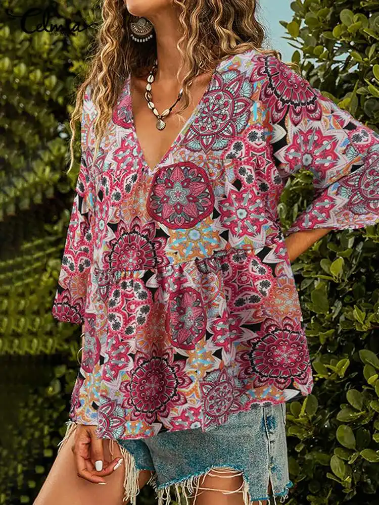 

Celmia Casual Loose Peplum Holiday Blusas Vintage Floral Printed Blouse 2022 Women 3/4 Sleeve Ruffled Tops Bohemian V-neck Tunic
