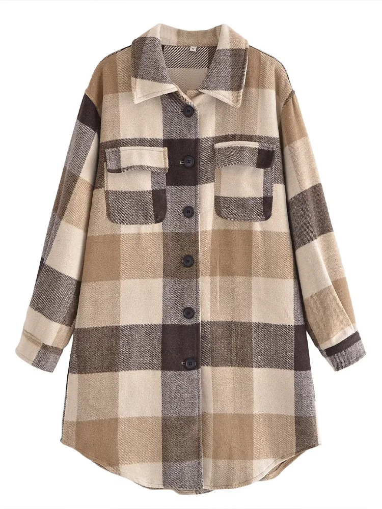 

Fall 2022 New Women's Fashion Retro Casual Lapel Single Breasted Clamshell Pocket Decoration Chic Loose Plaid Long Woolen Coat