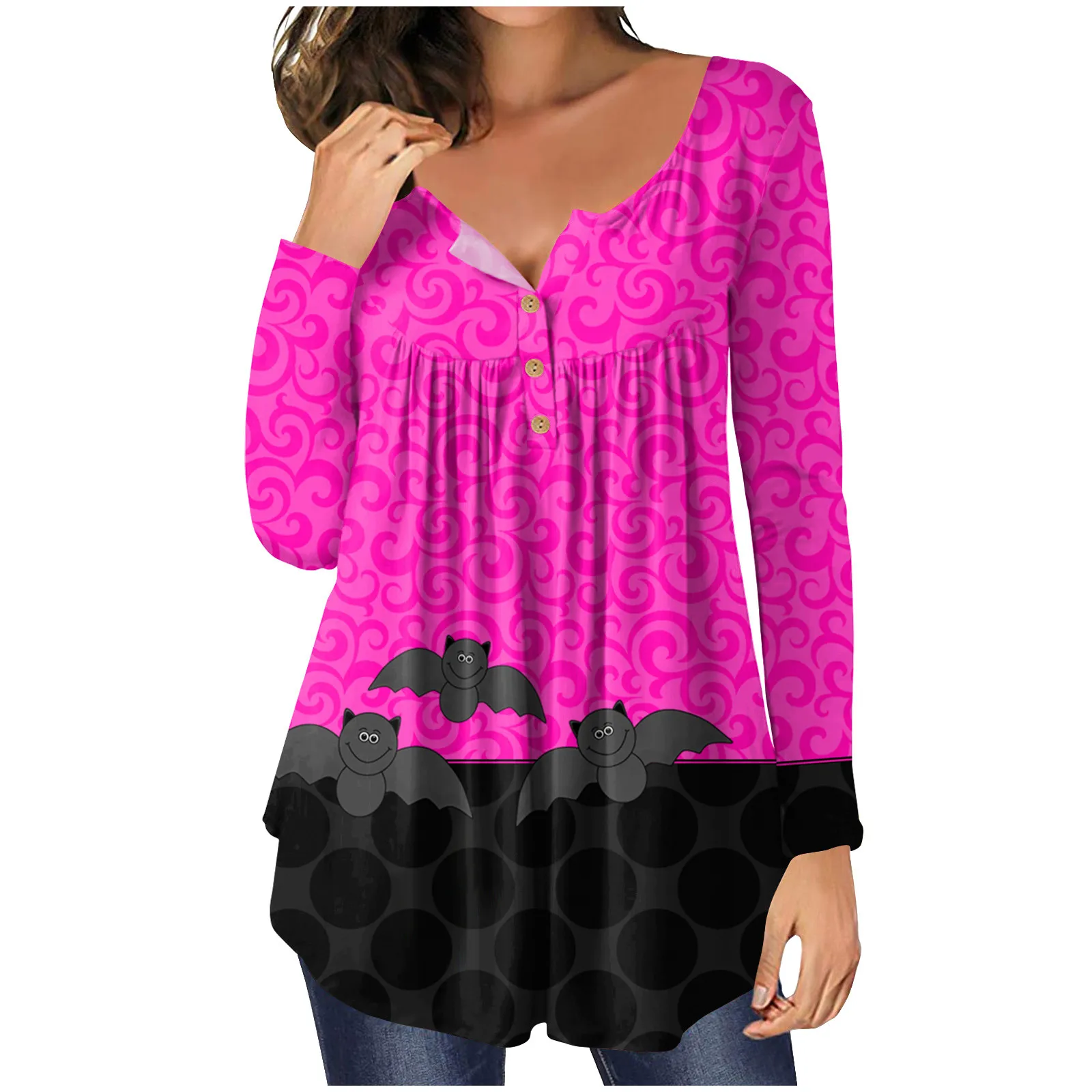 

Clothes For Women Festival Halloween Cute Bat Printed With Button V Neck Festival Slim Clothes For Women Tops Sale Camisetas