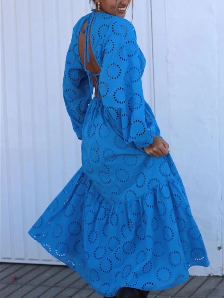 

Blue Cutwork Long Dress Women Embroidery Maxi Dress Woman Summer Backless Female Dress Long Sleeve Casual Dresses for Women