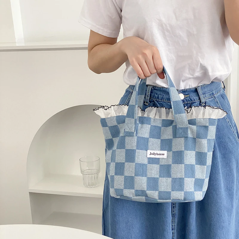 Fashion Zebra Pattern Plaid Solid Color Canvas Handbag For Women Lotus Leaf Lace Large Capacity Creative Beautiful Flounces Bag