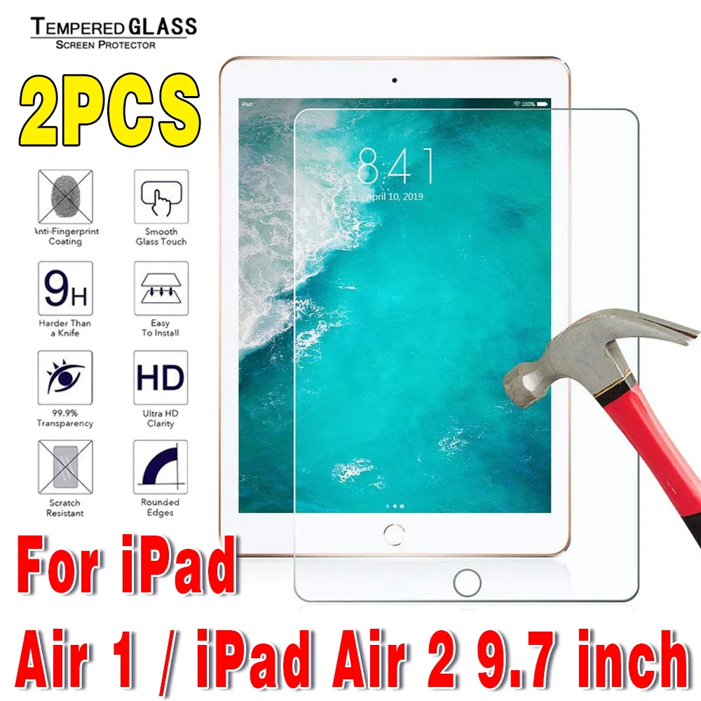 2Pcs Tablet Tempered Glass Screen Protector Cover for IPad Air 1 A1474 A1475 A1476/Air 2 9.7 Inch A1566 A1567 Tempered Film
