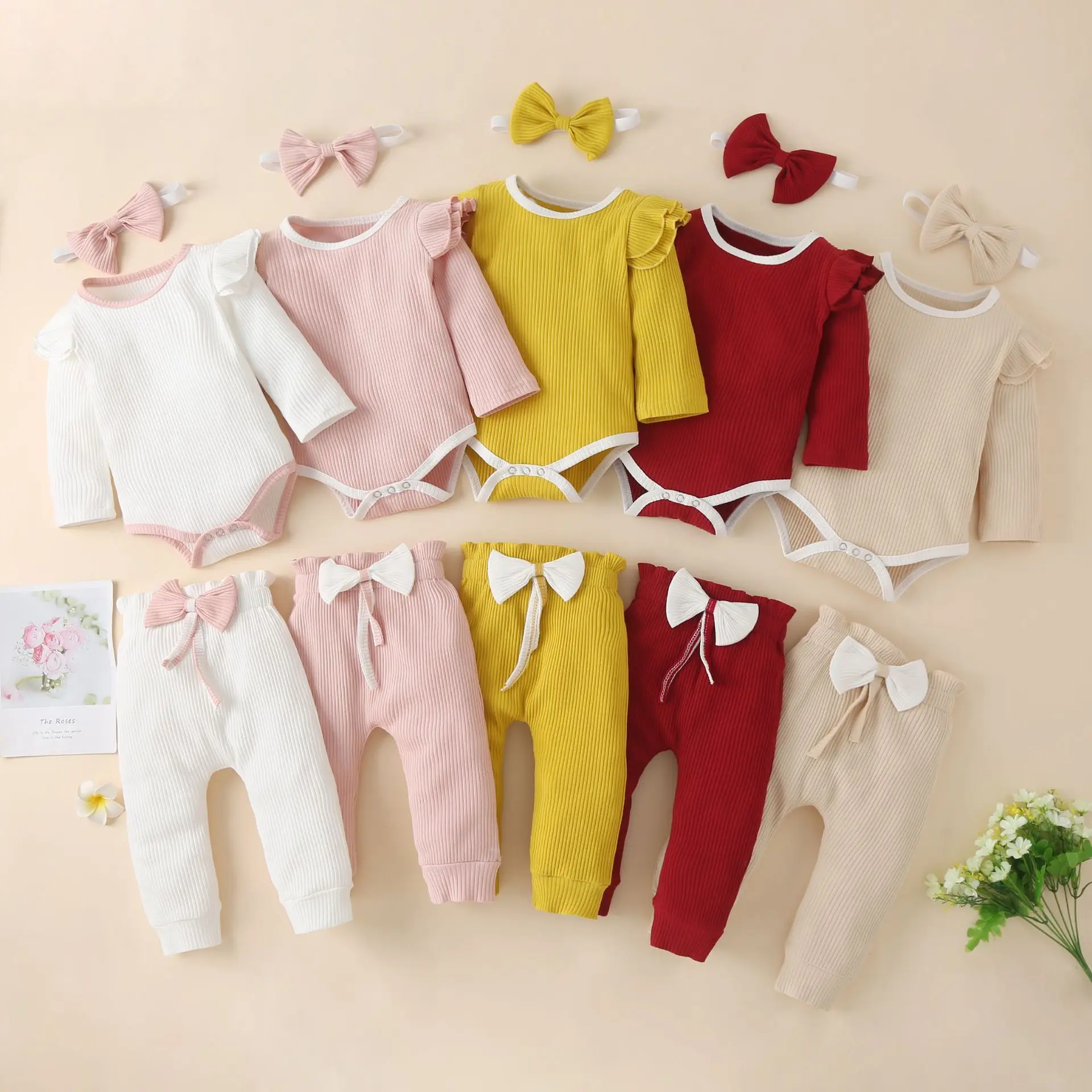 

0-18M Baby Girls Clothes Set Toddler Knit Romper Spring Autumn Infant Newborn Cute Outfit Solid Long Sleeve Pants Headband 3Pcs