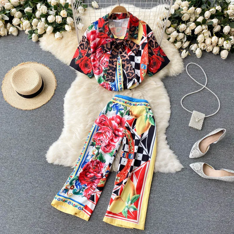 

Women's Pajama Set Print Summer Short Sleeve 2 Pcs With Pant Ladies Sleepwear Fashion Single Breasted Pijama Suit For Female