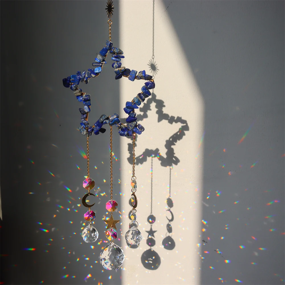 Crystal Wind Chimes Natural Stone Prisms Light Catcher Star Shape Windbell Outdoor Yard Garden Balcony Decorations