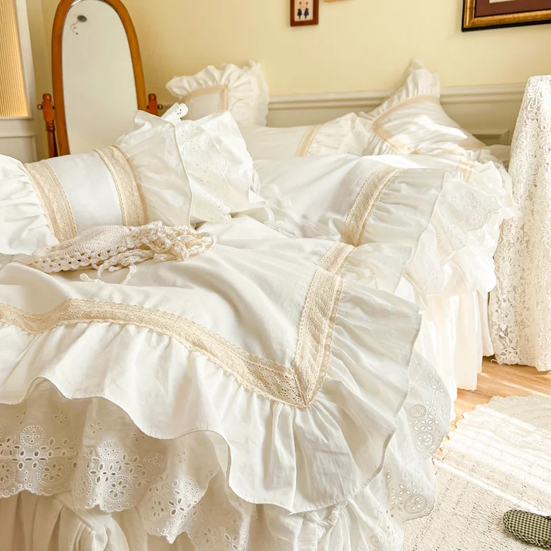 

Korean Style Double Layer Ruffles Embroidery 100% Cotton Princess ding Quilt Cover Set Skirt Bed Linen Pillow Shams