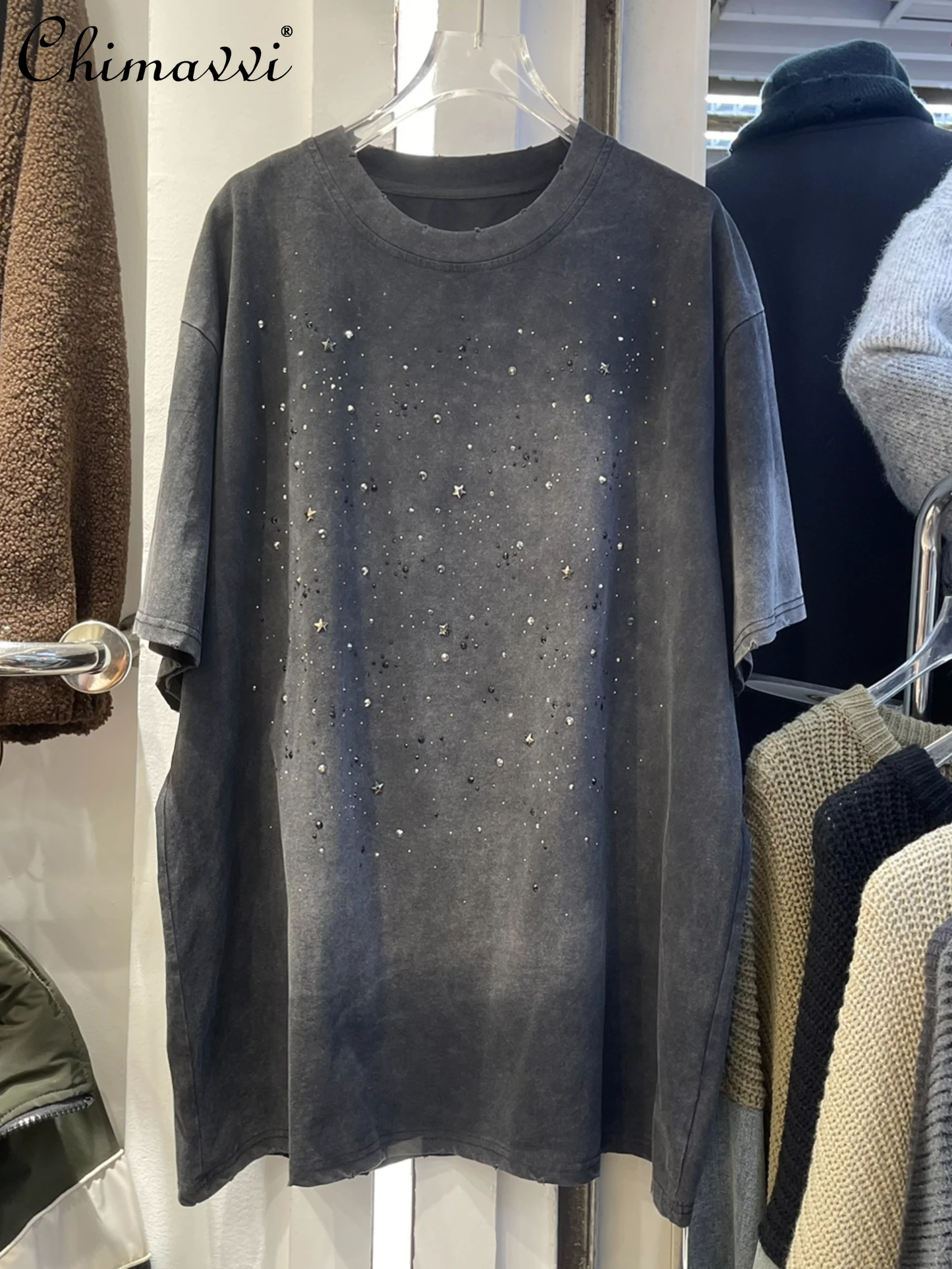 Американская Ретро промытая футболка средней длины, новинка зимы 2023 ...