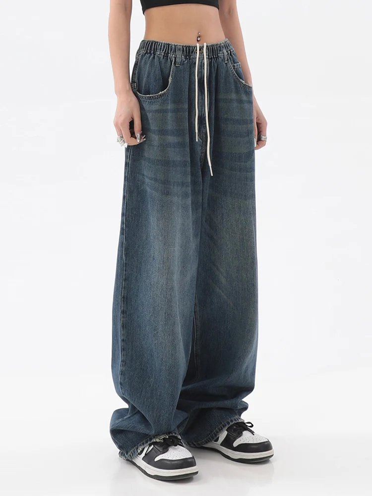 2022 Women American Vintage Baggy Jeans Elastic Waist Oversized Long Trouser Denim Pant Wide Leg Streetwear Straight Basic Daily