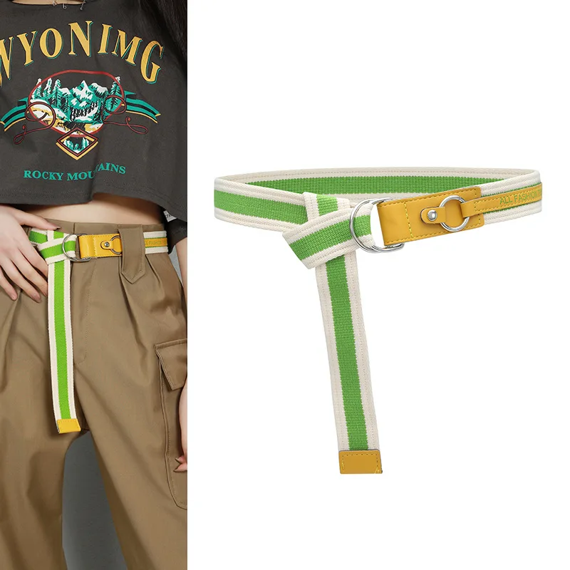 

Fashion Double Buckle Student Youth Woven Canvas Belt for Women Versatile Work Clothes Jeans with Belt for Women