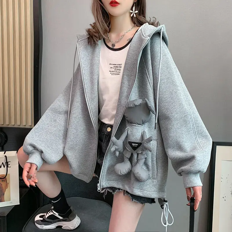

Fashion Loose Patch Cute Kawaii Three-dimensional Doll Autumn Plus Velvet Thin Cardigan Sweater Women's New Women's Casual Coat