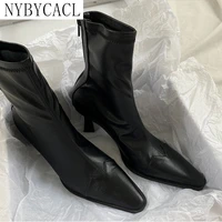 black women ankle boots woman thick high heel fashion pointed toe zipper winter womens shoes 2022 leather short booties new