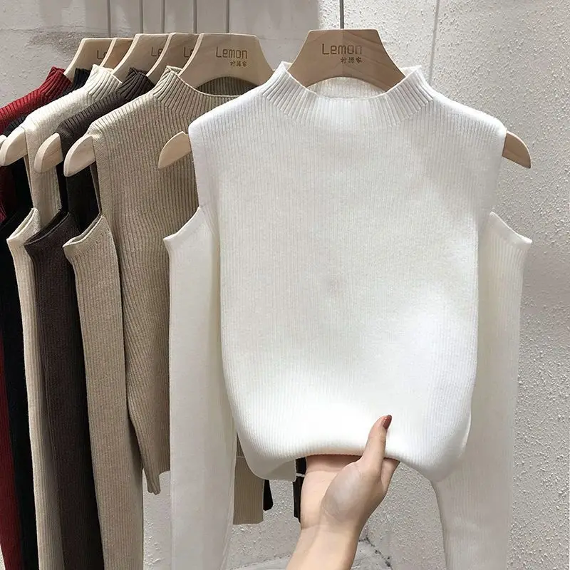 

Women's Blouse for Autumn Half Turtleneck Solid Full Sleeve Bottoming Shirt for Female Tops Hollow Out Sexy Off Shoulder Blouses