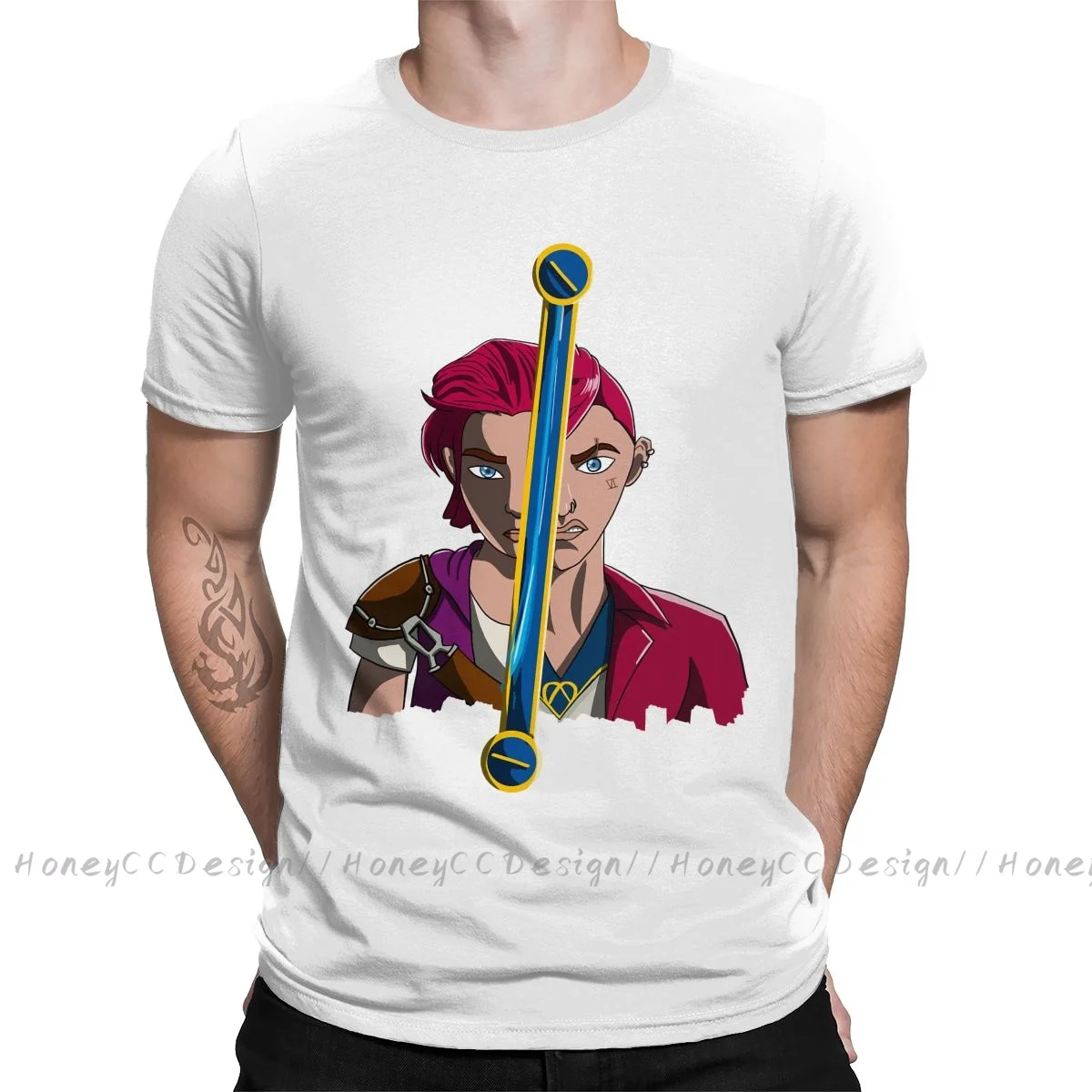 

High Quality Men Arcane League of Legends Animated Black T-Shirt Vi Violet Pure Cotton Shirt Tees Harajuku TShirt