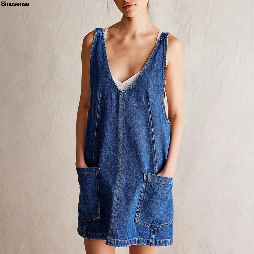 Женский джинсовый комбинезон мини-платье сексуальный V-образный вырез без