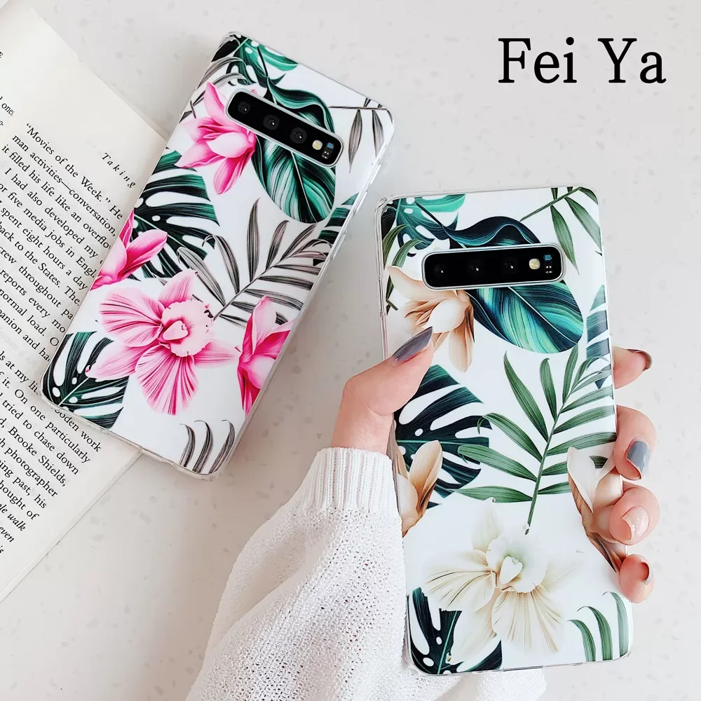 Phone Cases For Samsung S8 PLUS S9 S10 S10E S10 Lite Green leaf leaves flower Soft Solicone IMD Full Scrub Back Cover Case Coque