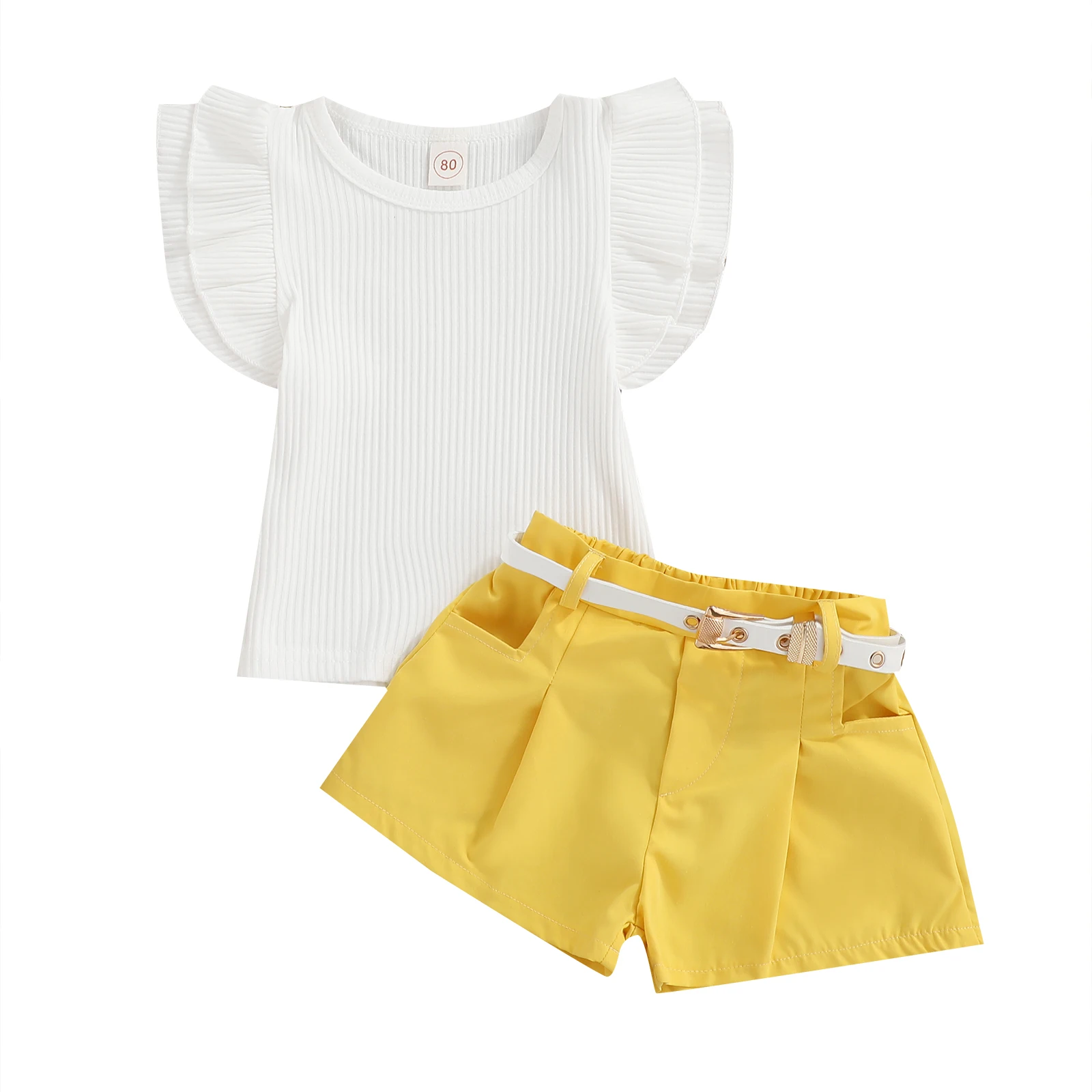 

Girl Clothing Two Piece Set Round Neck Fly Sleeve Solid Color T-shirt Matching High Waist Shorts with Belt