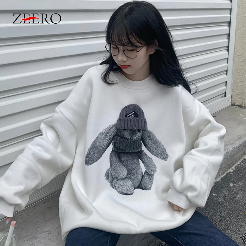 

Kawaii Oversized Hoodie Coat Women Casual Cute Bear Print Hoodie Sweatshirts Korean Fall Winter Warm Thick Velvet Pullover Top