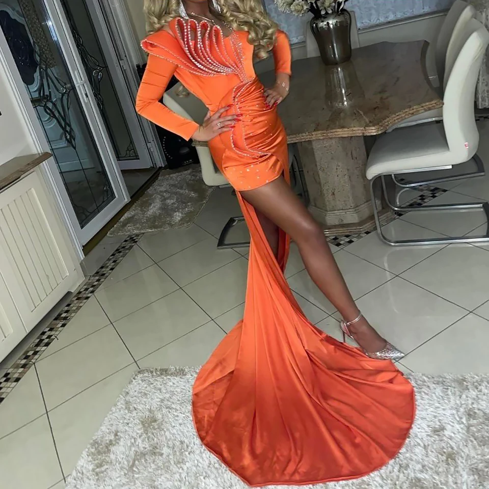 

Fashion New In Orange One-Shoulder Sheath Beads Formal Evening Dresses/Bridal Engagement Prom Gowns Wedding Party Free Shipping