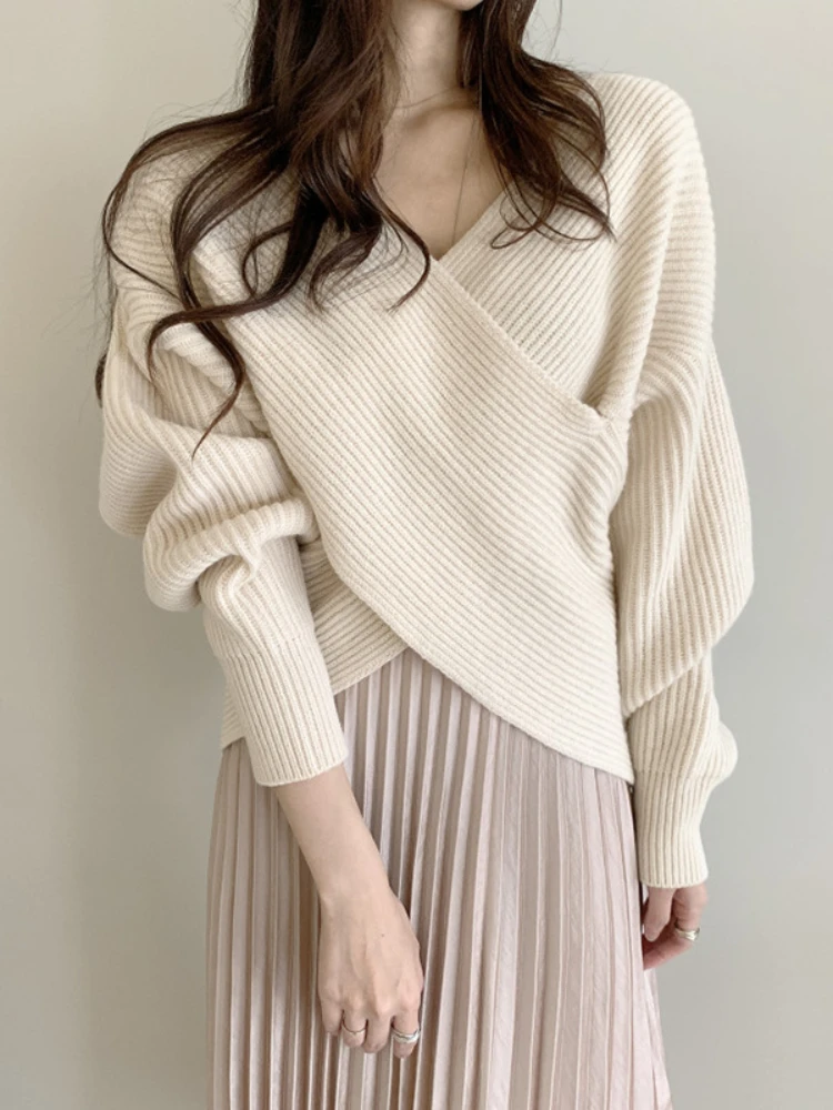 

Sweater Women Fashion Tops 2022 Women Autumn and Winter New Cross V-neck Loose and Simple Long-sleeved Needle Pullover Sweater