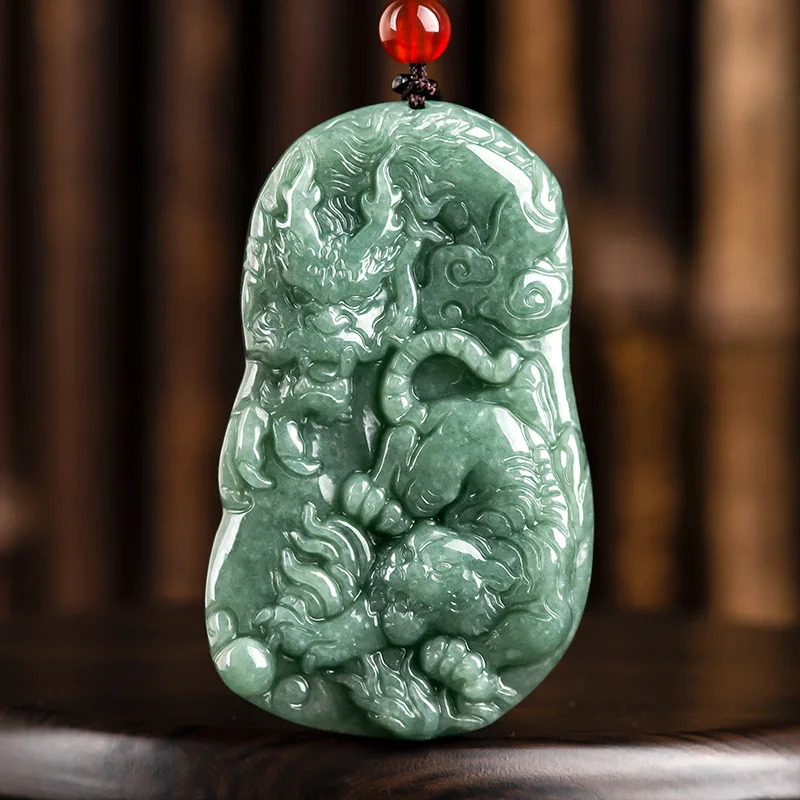 

Burmese Jade Dragon Tiger Pendant Stone Carved Natural Necklace Amulets Emerald Amulet Luxury Jadeite Jewelry Choker Green