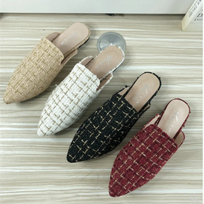 

Шлепанцы женские с острым носком, Стрейчевые тканевые, без каблука, плоская подошва, туфли с длинным носком, Ретро стиль, летняя Уличная Повседневная обувь из флока, 2-44 22 см