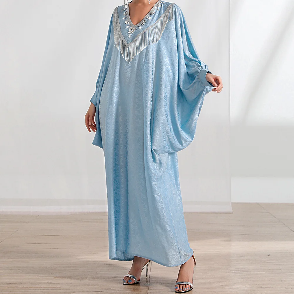 Women Spring and Summer Muslim Celebrities Handmade Beads Fringe Bat Shirt Robe Turkey Abaya Arab Morocco Kraftan Robe