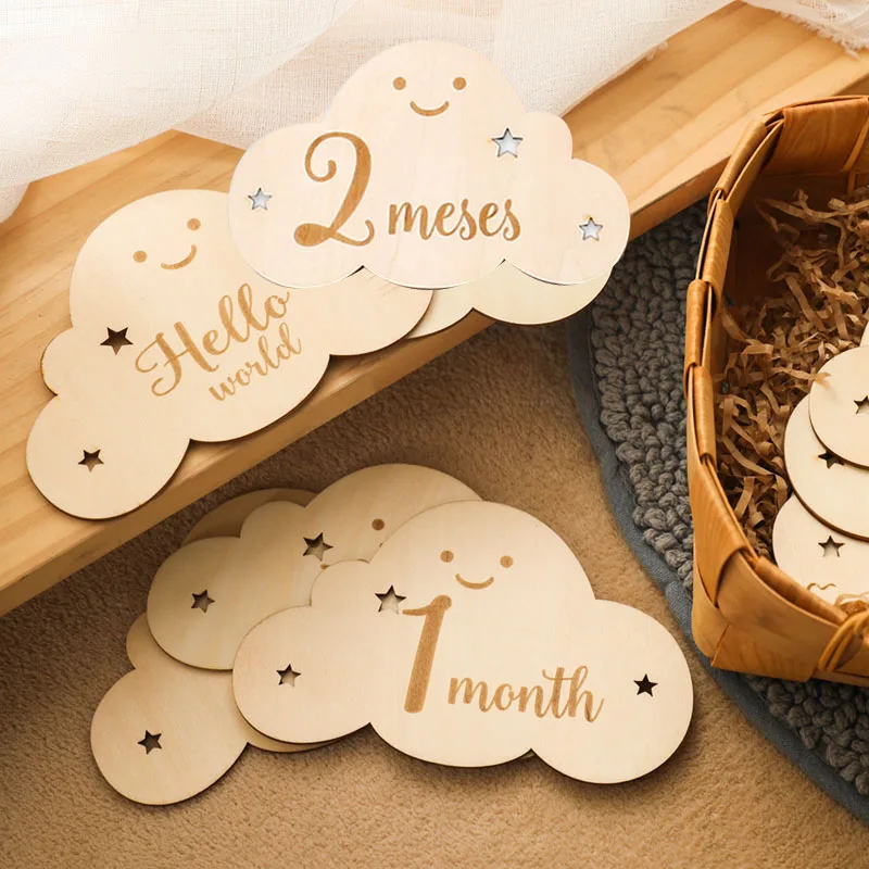 English&Spanish Wooden Baby Milestone Number Month Memorial Cards Items Cute Cloud Shape Newborn Photography Accessories Props