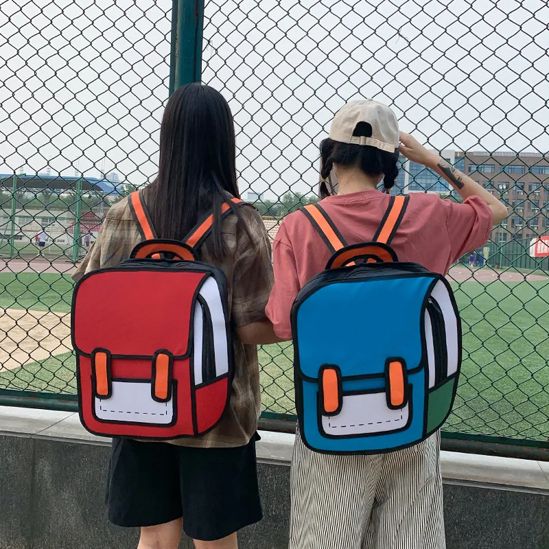 Student 2D Drawing Backpack Oxford Cloth Cartoon Cute Fashion School Bags Outdoors Waterproof Comic Bookbag for Teenager Unisex