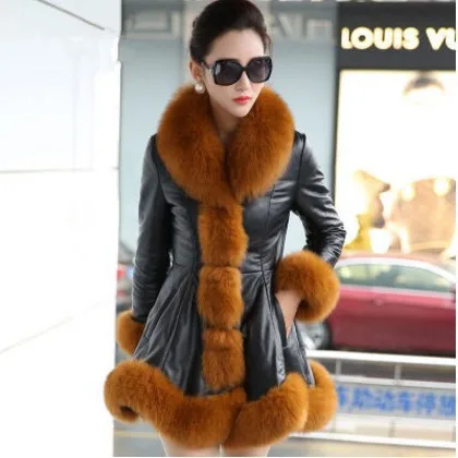 Korean Winter Faux Fur Coat Female Faux Fox Fur Collar Fur Coats Jacket Cotton Coat Long Sleeve Long Slim Long Fur Coat Dress