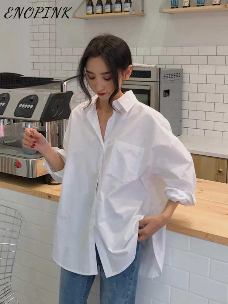 2023 Spring Autumn Women's White Shirt Solid Vintage Loose Oversized Button Blouses Female Korean Casual Tops With Pockets