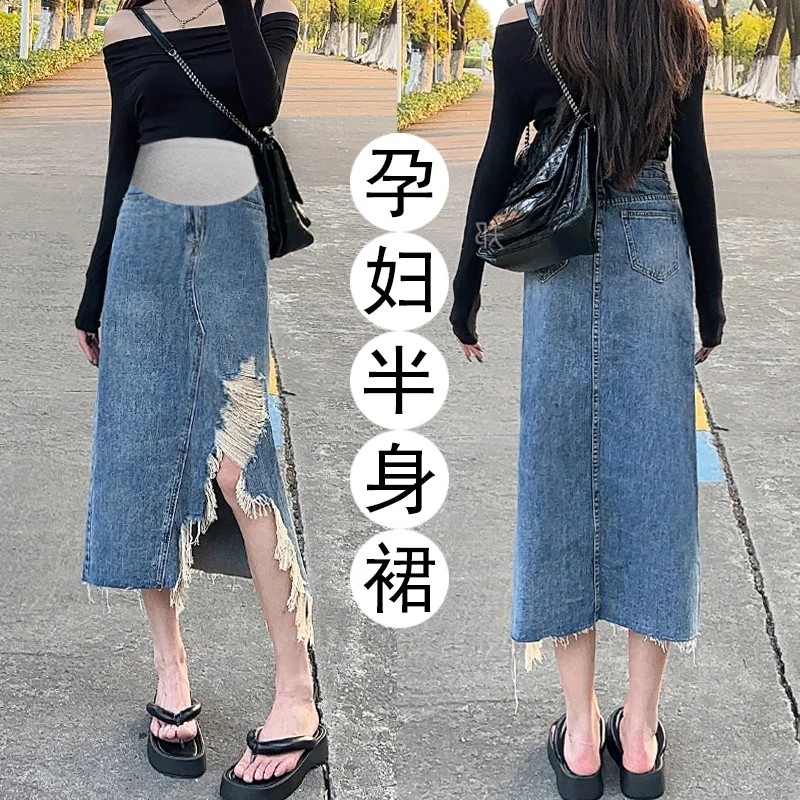 10010# Summer Stylish Fashion Denim Maternity Skirts Irregular Hole Belly Pencil Bottoms Clothes for Pregnant Women Pregnancy