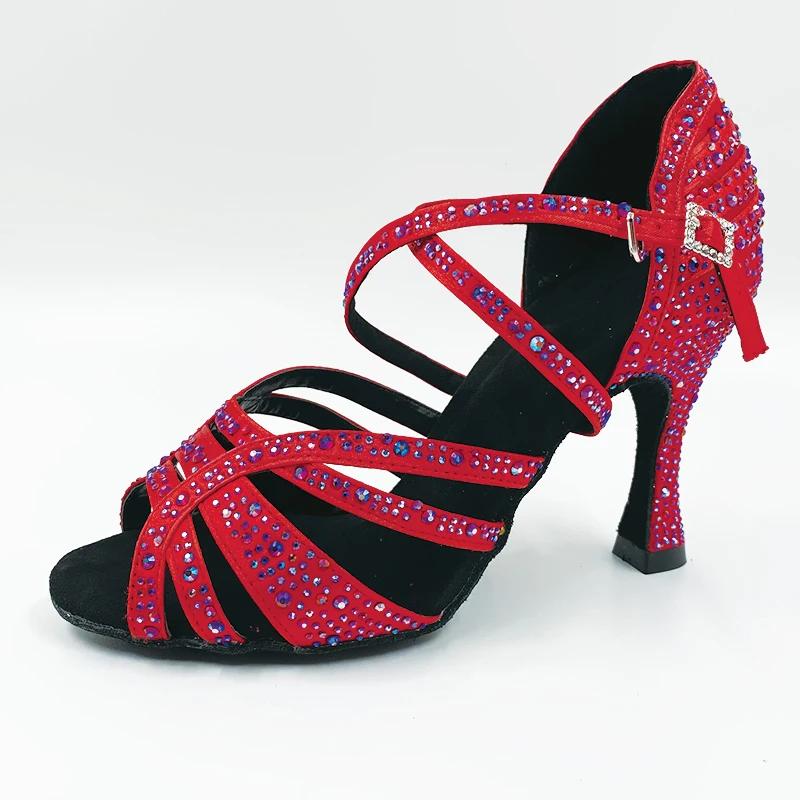 Latin Shoes Sparkly ZAPATOS DE BAILE Stone Dance Shoes Salsa Latin Bachata Women Indoor Dance Shoes In Red Dance Heels 9cm