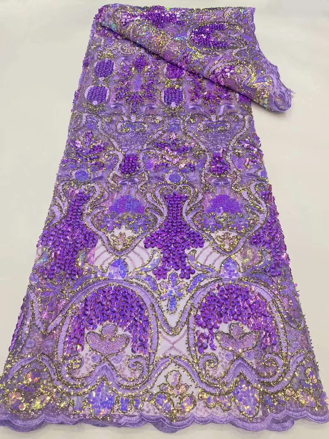 

Fashion African Lace Fabric Purple Sequin Tulle Mesh Embroidery Lace for Wedding Bridal Lace Fabrics High Quality Laces