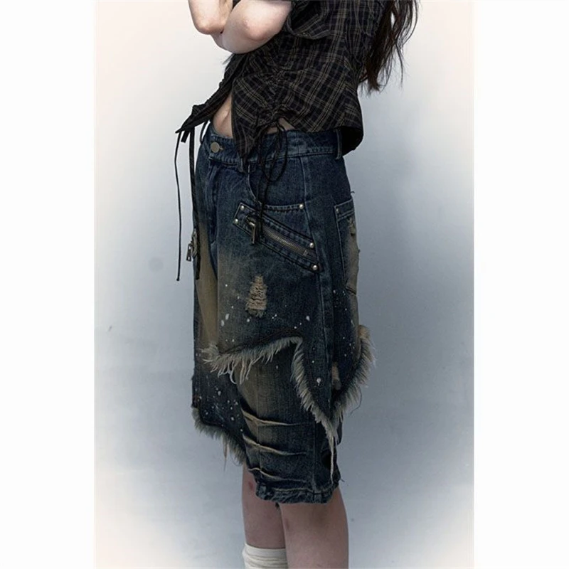 Женские Асимметричные комбинированные летние джинсовые шорты А-силуэта с