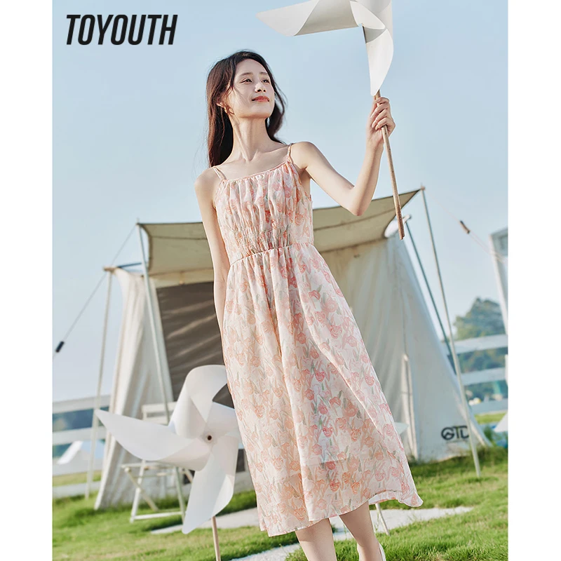 Toyouth Women Suspended Dress 2023 Summer Sleeveless A-shaped Loose Oil Floral Print Pleated Design Fashion Daily Holiday Skirt