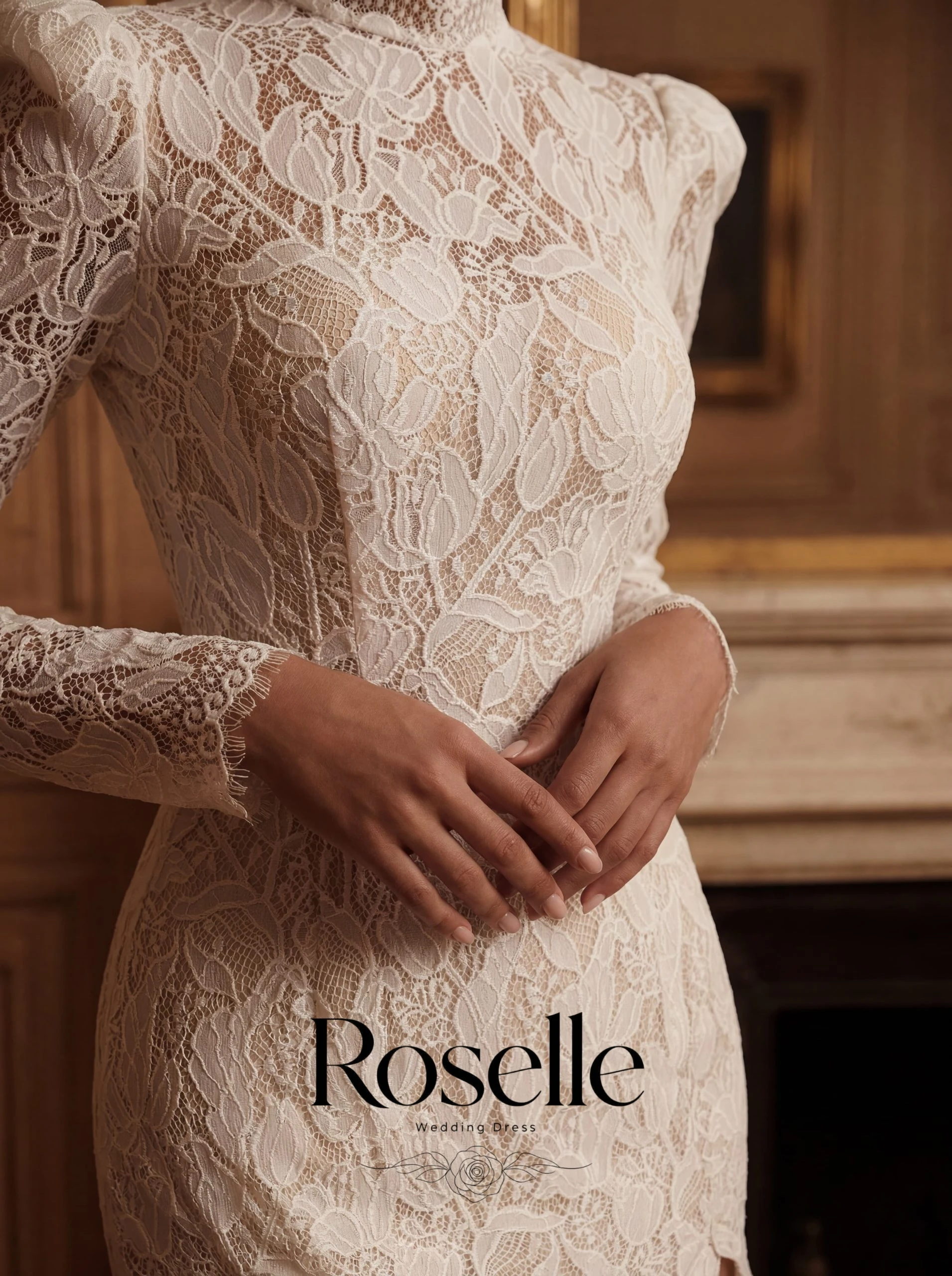 Фото Свадебное платье ROSELLE с кружевом, высоким разрезом по боку, высоким воротом, длинными рукавами, облегающее, изысканное, с открытой спиной, на заказ №4