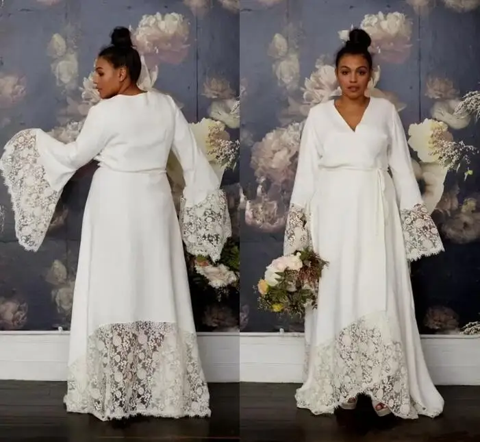 

Plus Size Hippie Wedding Dresses with Long Bell Sleeve 2022 Lace V-neck Vintage Bohemian Country Garden Bridal Wedding Gowns