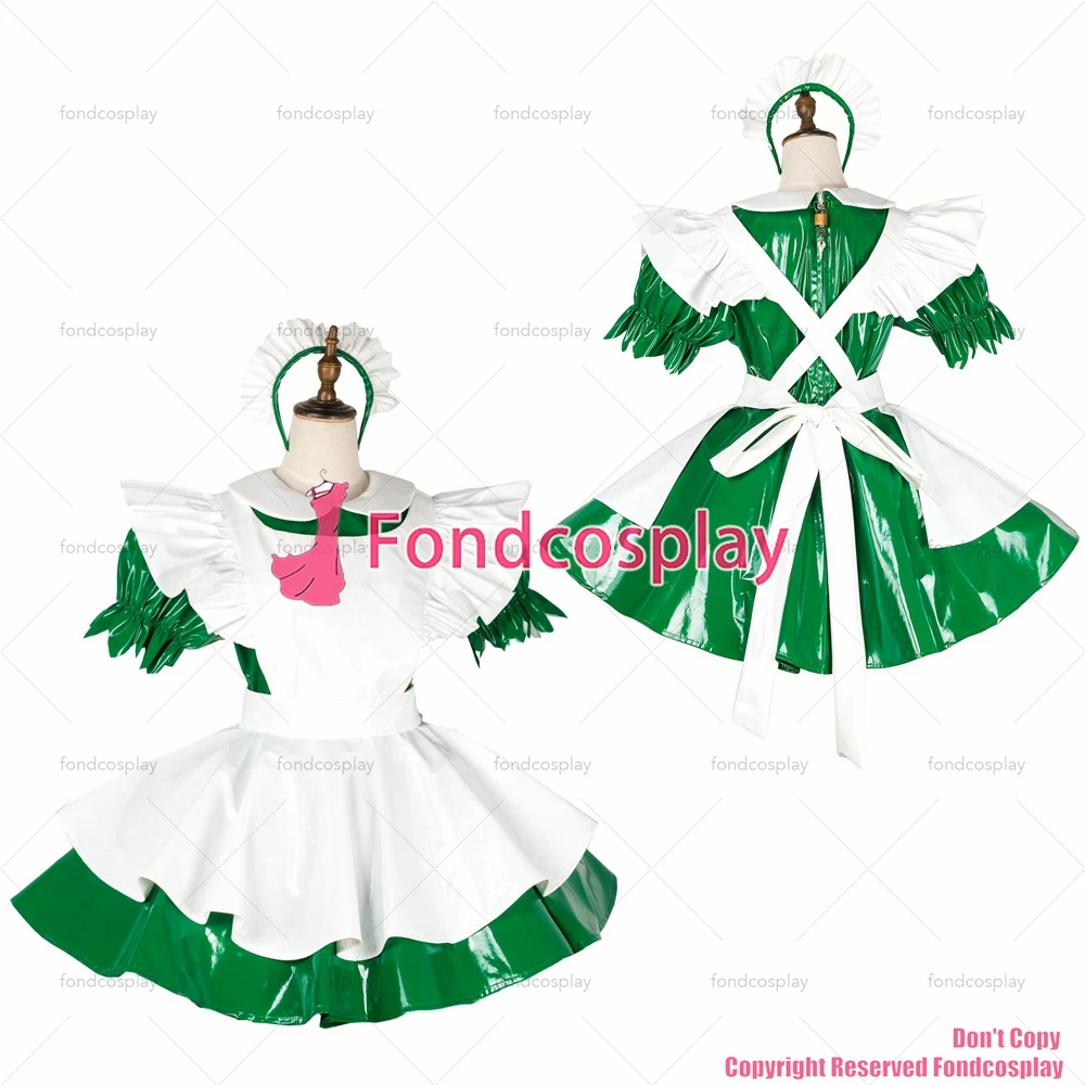 

fondcosplay adult sexy cross dressing sissy maid lockable green thin PVC vinyl dress Uniform white apron CD/TV[G1780]