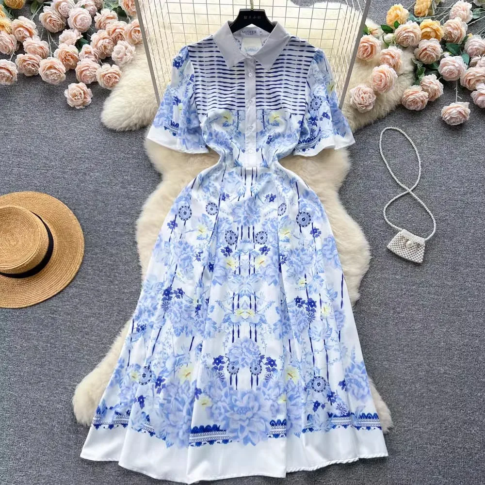 

Женское дизайнерское модельное однобортное платье-рубашка с цветочным принтом, длинные летние повседневные платья средней длины, женская одежда, T5192