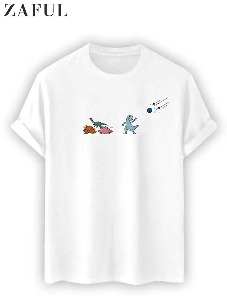 

ZAFUL Cotton T-shirt for Men Cartoon Dinosaur Pattern Short Sleeves T-shirt O-Neck Streetwear Tees Summer Loose Essentials Tops