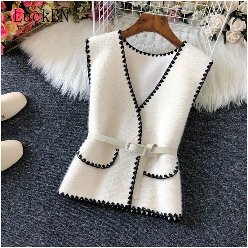 

Woolen Sweater Vest Jacket Women Spring Vintage Elegant V-neck Sleeveless Waistcoats Korean Style Casual with Belt Chic Outwear