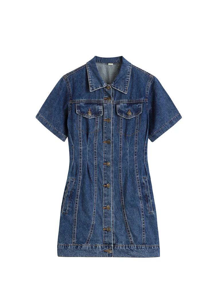 

Y2K Spring Women Retro Blue Color Slim Mini Frocks Lapel Short Sleeve Female Vintage Denim Dress Vintage Single Breasted Chic